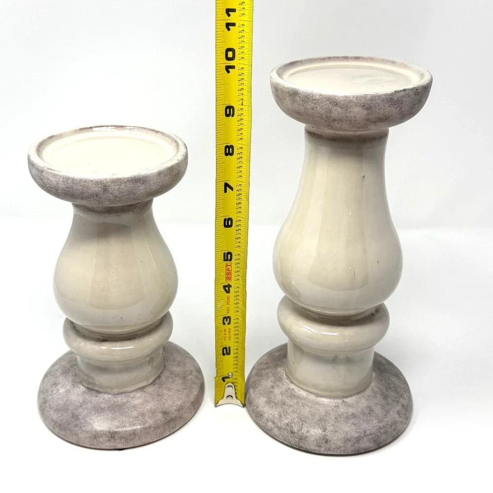 Ceramic Pillar Candle Holders Set of 2 Distressed Gray Cream